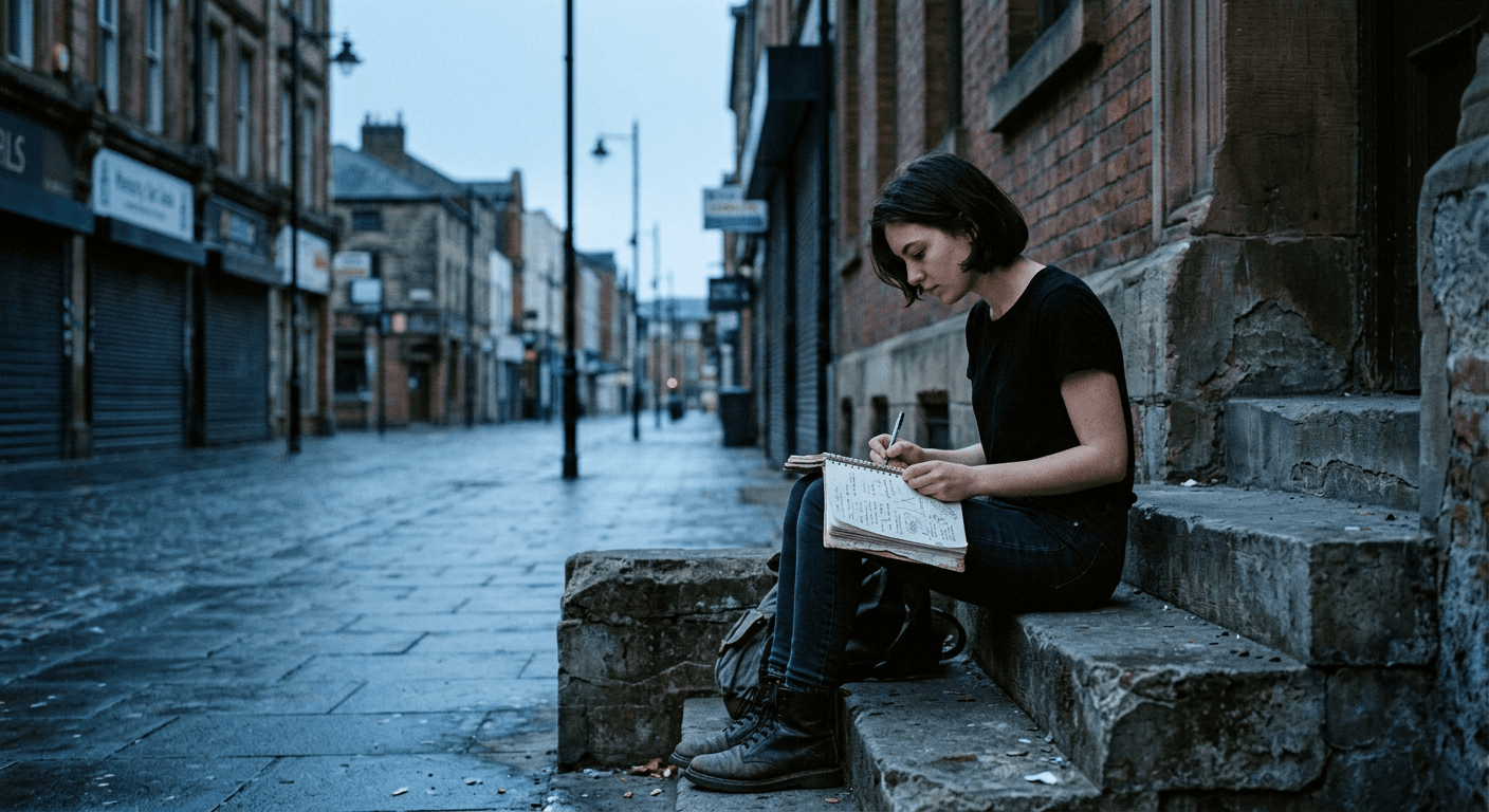 Person in an oversized black tee walking down a dark city street at night