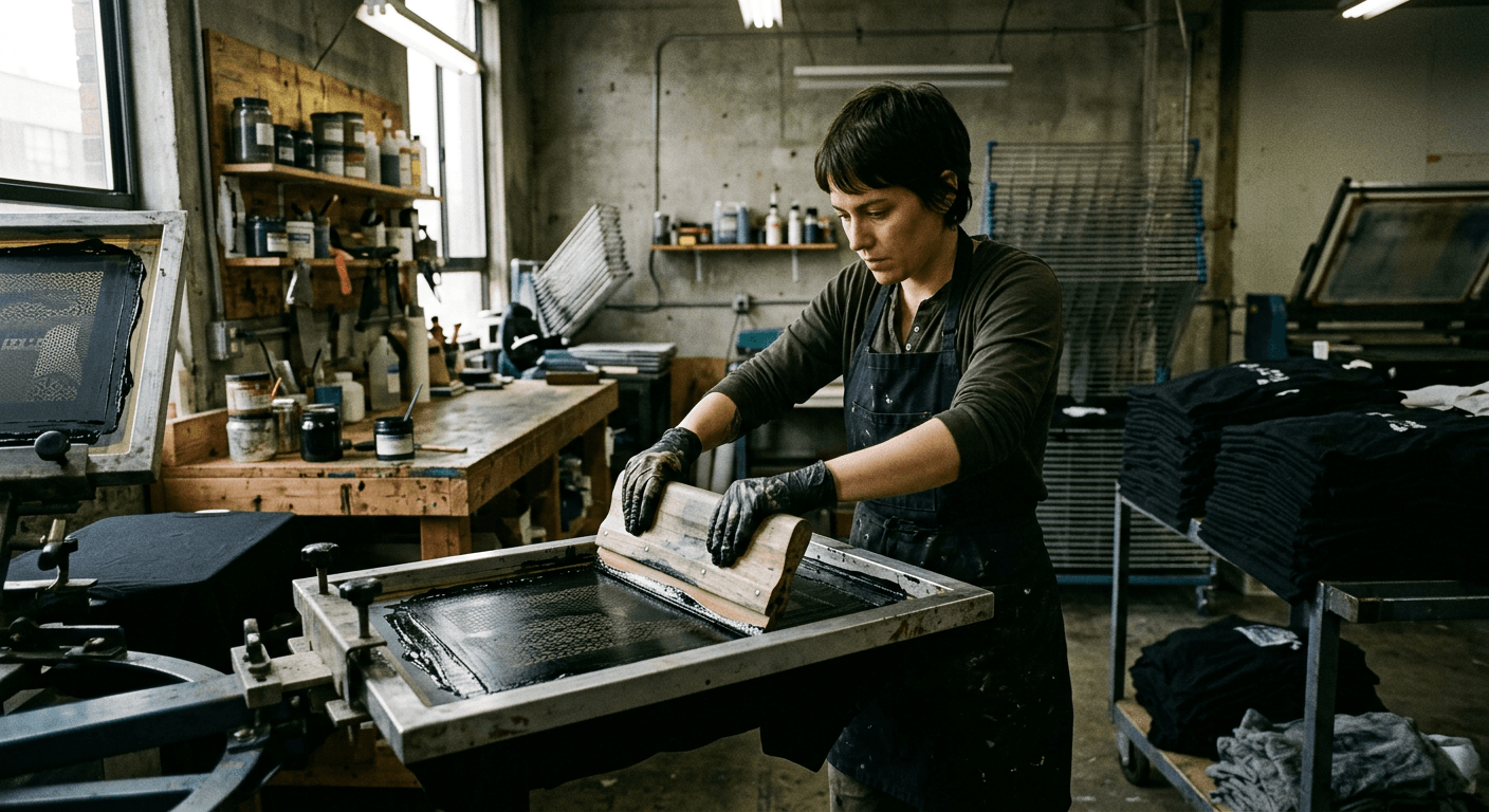 Screen printing studio with black garments drying on racks